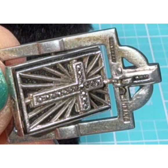 Art Deco Sterling Silver Marcasite Reversible Pendant Cross Floral Signed - Picture 4 of 9
